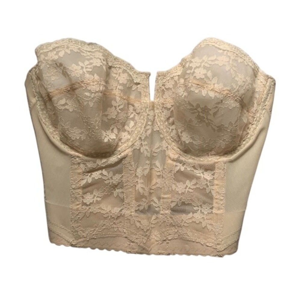 Vintage Longline Strapless Bra Bustier 32D Ivory Lace Bridal Pinup Lingerie